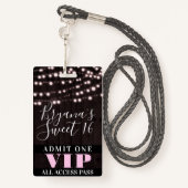 Roze String Lights Sweet 16 Party VIP Pass Badge (Achterkant met draagriem)