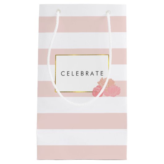 Roze strip & Blush Peony Persoonlijke Gift Bag Klein Cadeauzakje (Voorkant)