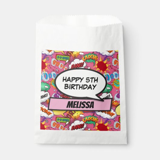 Roze stripboek superheld verjaardagsfeest bedankzakje (Voorkant)