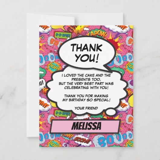 Roze stripboek superheld verjaardagsfeestje bedankkaart (Voorkant)
