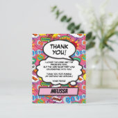 Roze stripboek superheld verjaardagsfeestje bedankkaart (Staand voorkant)