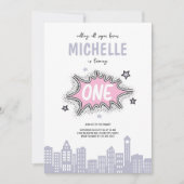 Roze stripboekheld 1e verjaardagsuitnodiging  kaart (Voorkant)