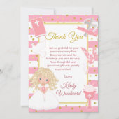 Roze Stripe Blonde Girl Eerste Heilige Communie Bedankkaart (Voorkant)