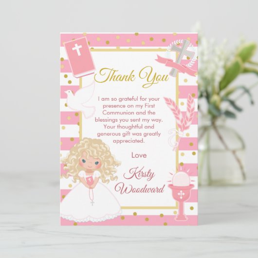 Roze Stripe Blonde Girl Eerste Heilige Communie Bedankkaart (Staand voorkant)