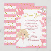 Roze Stripe Blonde Girl Eerste Heilige Communie Bedankkaart (Voorkant / Achterkant)
