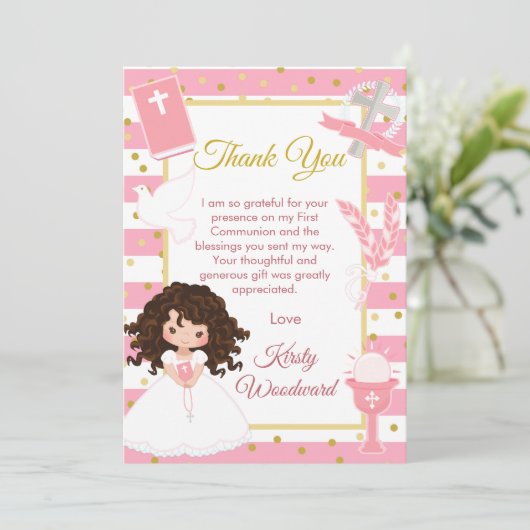 Roze Stripe Brunette Girl First Heilige Communie Bedankkaart (Staand voorkant)