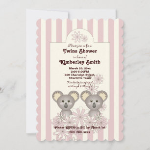 Roze Stripe Cute Koala Twin Girl Baby shower Kaart