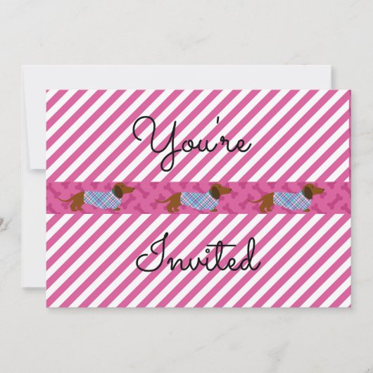 Roze Stripe Dachshund Party Invitation Kaart (Voorkant)