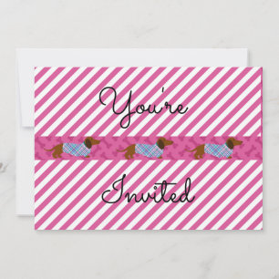 Roze Stripe Dachshund Party Invitation Kaart