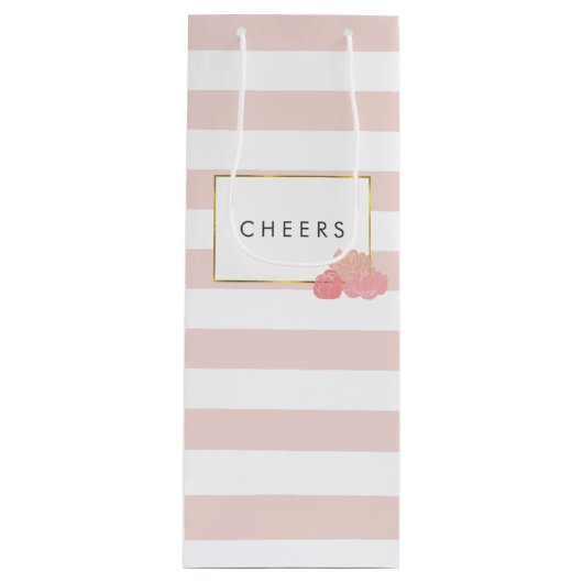 Roze stripe en Blush Peony Persoonlijke wijnzak Wijn Cadeautas (Voorkant)