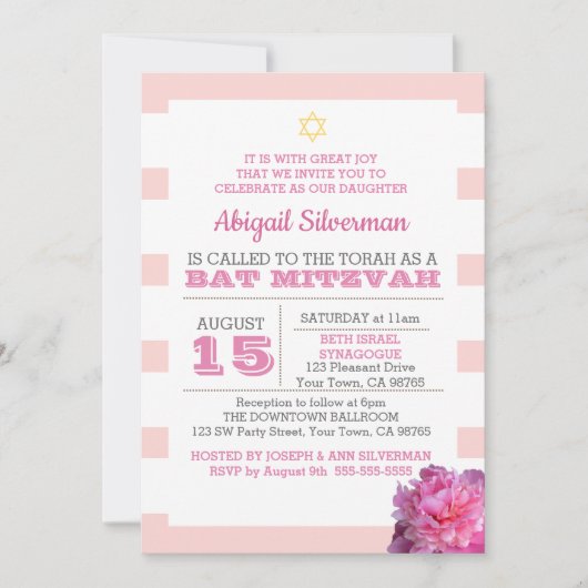 Roze Stripe en Peony Bat Mitzvah Uitnodiging (Voorkant)