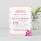 Roze Stripe en Peony Bat Mitzvah Uitnodiging (Staand voorkant)