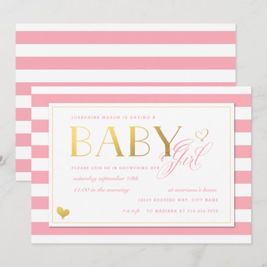 Roze Stripe Faux Gold Baby Girls Shower Kaart (Voorkant / Achterkant)