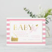 Roze Stripe Faux Gold Train Baby Girls Shower Kaart (Staand voorkant)