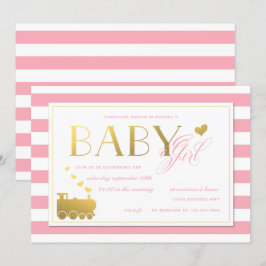 Roze Stripe Faux Gold Train Baby Girls Shower Kaart