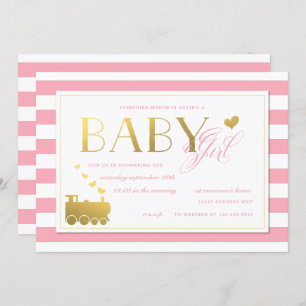 Roze Stripe Faux Gold Train Baby Girls Shower Kaart