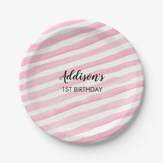 Roze stripe gepersonaliseerde borden papieren bordje (Voorkant)