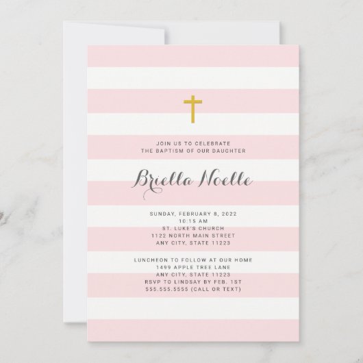 Roze Stripe Girl Baptism of First Community nodig Kaart (Voorkant)