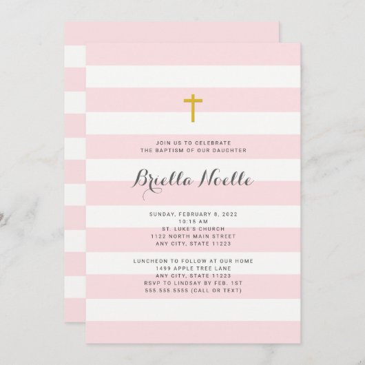 Roze Stripe Girl Baptism of First Community nodig Kaart (Voorkant / Achterkant)