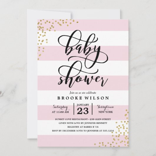 Roze stripe Glitter Stippen Baby shower Uitnodigin Kaart (Voorkant)