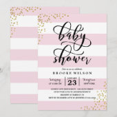 Roze stripe Glitter Stippen Baby shower Uitnodigin Kaart (Voorkant / Achterkant)