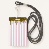 Roze Stripe Gold Drip Birthday Party VIP Pass Badge (Achterkant met draagriem)