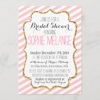 Roze stripe, goudglitter Bridal Shower Invitation Kaart