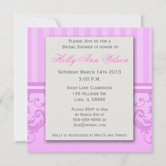 Roze Striped Damask Bridal Shower Invitation Kaart (Voorkant)