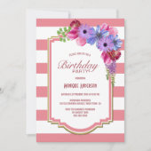 Roze Striped Floral Birthday Party Invitation Kaart (Voorkant)