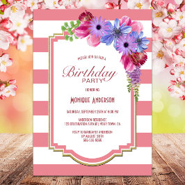 Roze Striped Floral Birthday Party Invitation Kaart