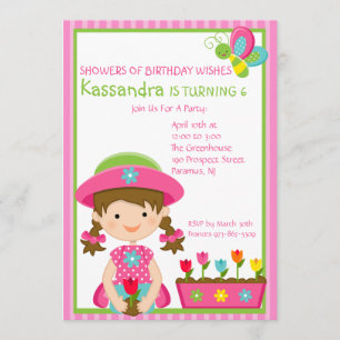 Roze striped Gardening Girl Birthday Invitation Kaart