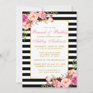 Roze Striped Gold Vrijgezellenfeest Brunch Invite Kaart