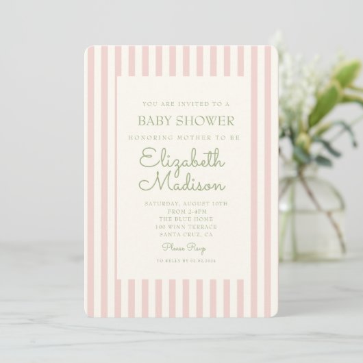 Roze Striped Green Retro Baby shower Invitation Kaart (Staand voorkant)