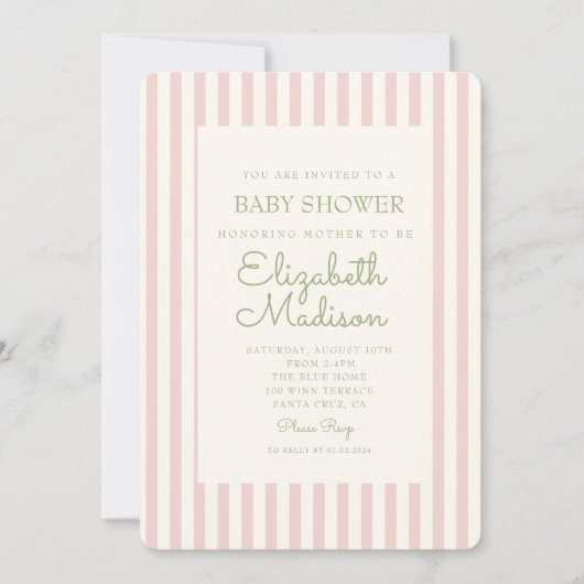 Roze Striped Green Retro Baby shower Invitation Kaart (Voorkant)