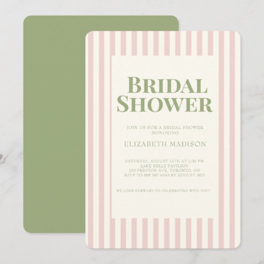 Roze Striped Green Retro Bridal Shower Invitation Kaart (Voorkant / Achterkant)