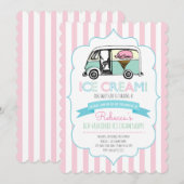 Roze striped Ice Cream Truck Birthday Uitnodiging (Voorkant / Achterkant)