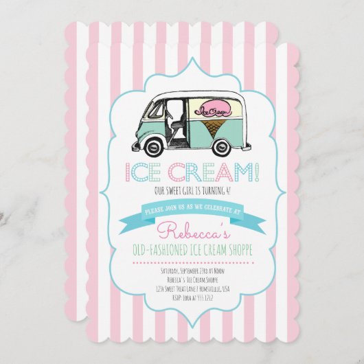 Roze striped Ice Cream Truck Birthday Uitnodiging (Voorkant / Achterkant)