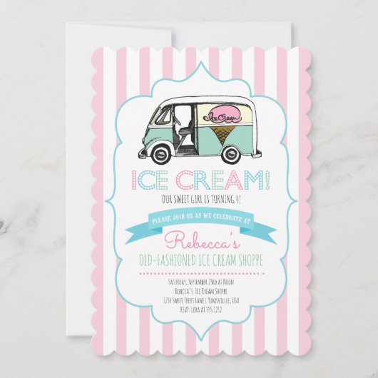 Roze striped Ice Cream Truck Birthday Uitnodiging (Voorkant)