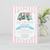 Roze striped Ice Cream Truck Birthday Uitnodiging (Staand voorkant)