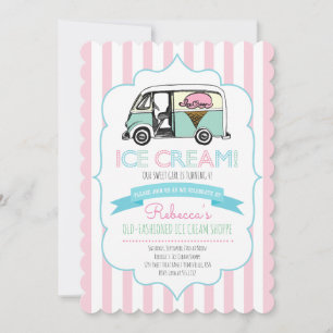 Roze striped Ice Cream Truck Birthday Uitnodiging