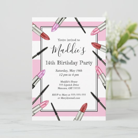 Roze Striped Makeup Uitnodiging van de Geachte Par (Staand voorkant)