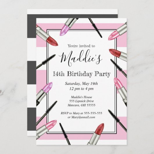 Roze Striped Makeup Uitnodiging van de Geachte Par (Voorkant / Achterkant)