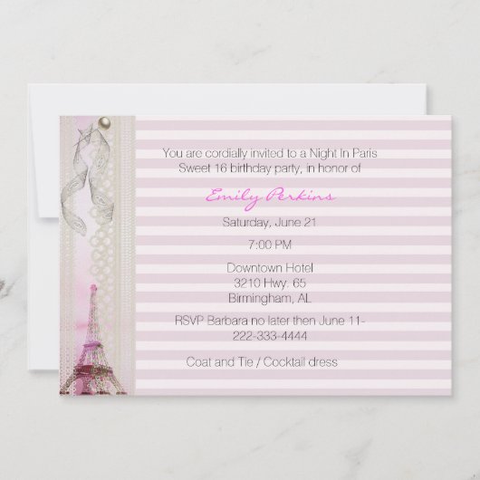Roze Striped Paris Thmed Sweet Sixteen Kaart (Voorkant)