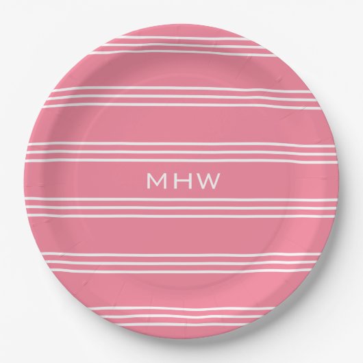 Roze stripes aangepast monogram papier bord (Voorkant)