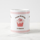 Roze stripes Birthday Cupcake Grote Koffiekop (Voorkant)