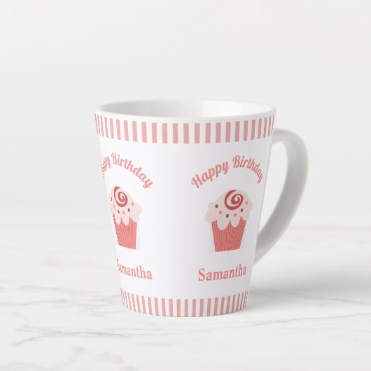 Roze stripes Birthday Cupcake Latte Mok (Rechterhoek)