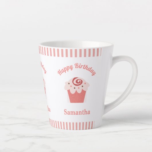 Roze stripes Birthday Cupcake Latte Mok (Rechts)
