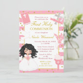 Roze stripes Black Hair Girl First Heilige Communi Kaart (Staand voorkant)