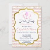 Roze Stripes Confetti Eerste Heilige Communie Kaart (Voorkant)