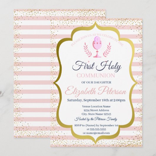 Roze Stripes Confetti Eerste Heilige Communie Kaart (Voorkant / Achterkant)